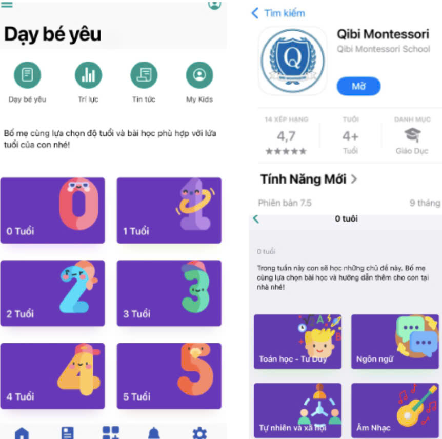 Giao diện ứng dụng QiBi Montessori với chương trình giảng dạy mầm non được chia theo độ tuổi từng môn học